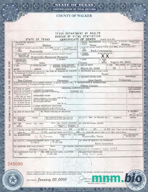 USA Texas state śmierć certyfikat szablon w formacie PSD